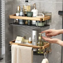Estantes de baño con ganchos, soporte de lujo para champú y ducha, organizador de almacenamiento sin taladro, accesorios de baño