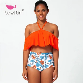 

Pocket Girl 2020 Swimsuit Ruffle Swimwear Women Bandage Swimming Suit Maillot De Bain Femme Sexy Biquini High Waist Bikini Set