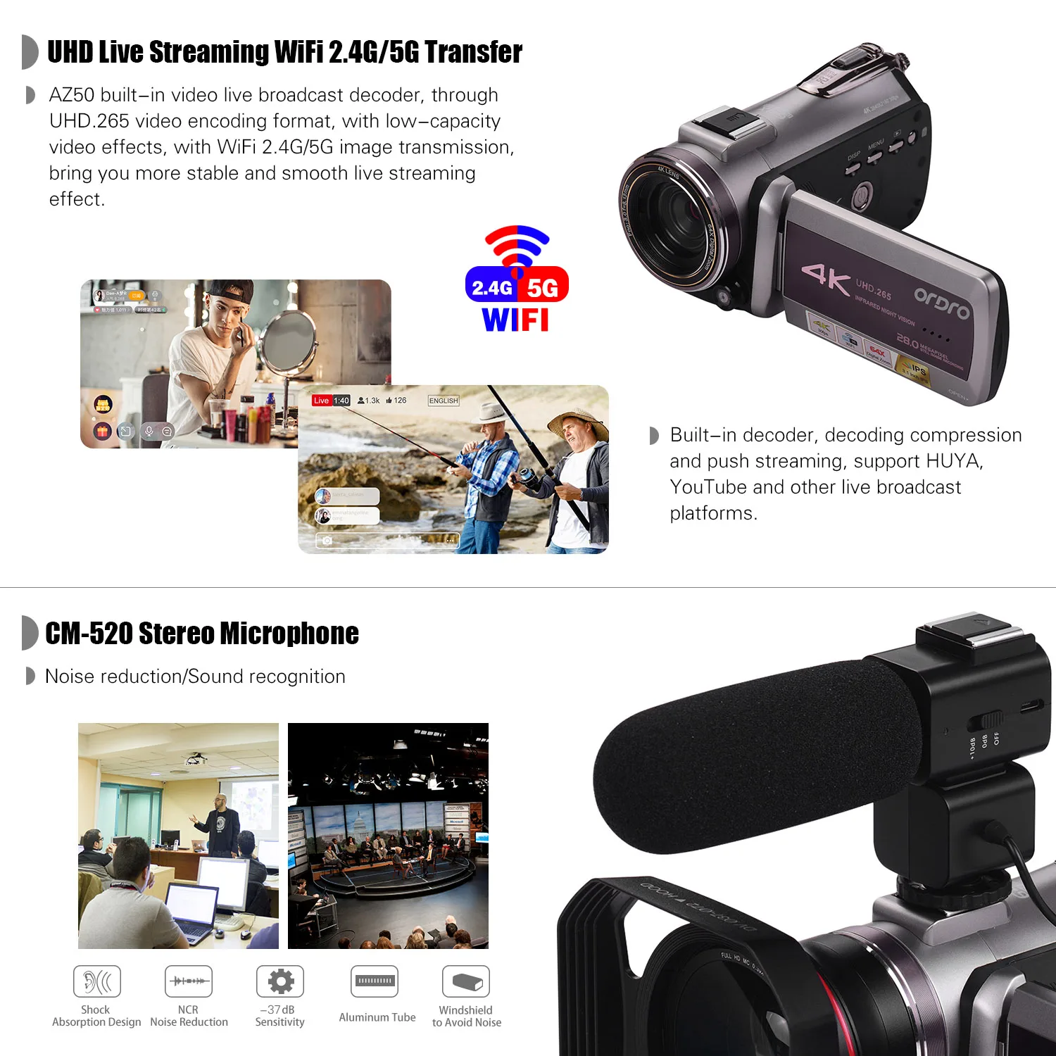 ORDRO WiFi цифровая видеокамера 4K UHD 30FPS видеокамера 3," ips 64X IR ночное видение широкоугольный объектив внешний стерео микрофон