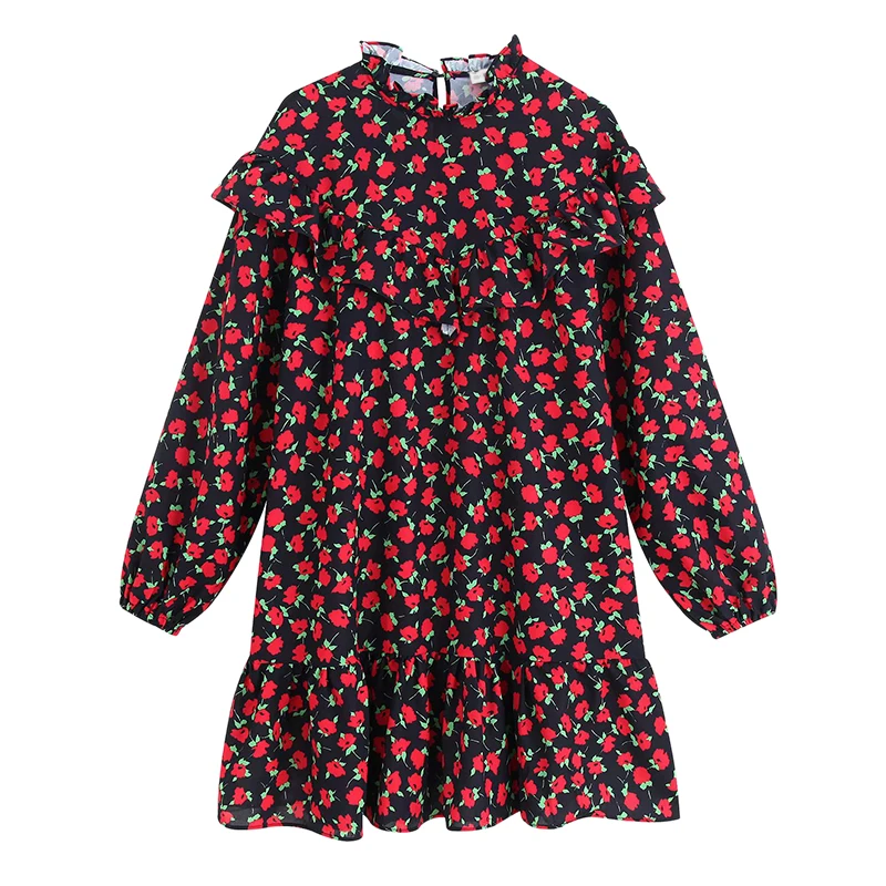 

Women Retro Floral Pattern Print Dress Ruffles Long Sleeve Female Casual Vintage Mini Dresses FFZYQ488