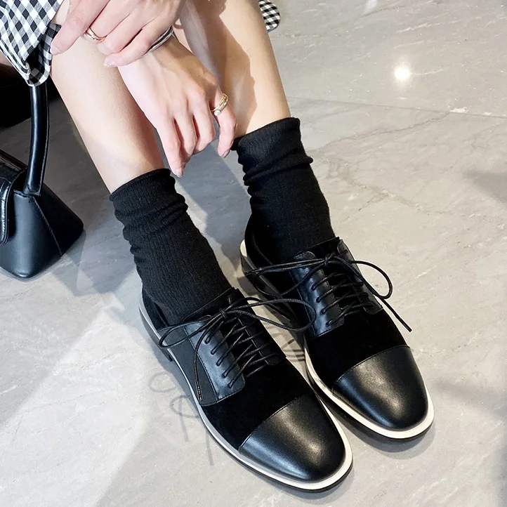 

2020 Origional Design New Style Shoes Deep Mouth WOMEN'S Shoes Lace-up Korean-style Mixed Colors Genuine Leather Casual Low-top