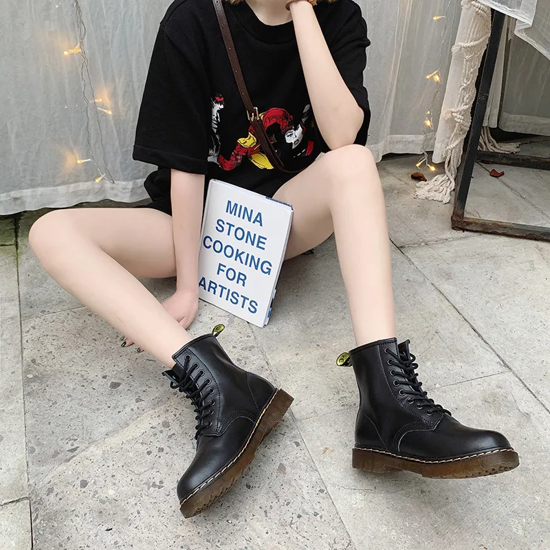 

Autumn Boots Shoes Martins For Women Bootee Woman 2019 Flat Heel Round Toe Booties Ladies Lace Up Low Heels booties Ankle Rock