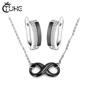 

New Black White Ceramic Jewelry Set Ceramic Infinity symbol Pendant Neckalce Mini Cute Crystal Earrings For Women Party Jewelry