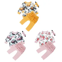 Осенняя одежда для маленьких девочек от 0 до 24 месяцев футболка с цветочным рисунком штаны с оборками, леггинсы комплект осенней одежды
