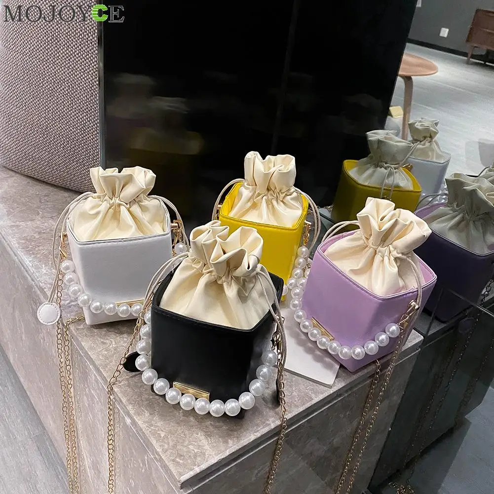 Women Pearl Chain Drawstring Shoulder Handbags PU Leather Square Crossbody Bags Fashion Exquisite Shopping Bag