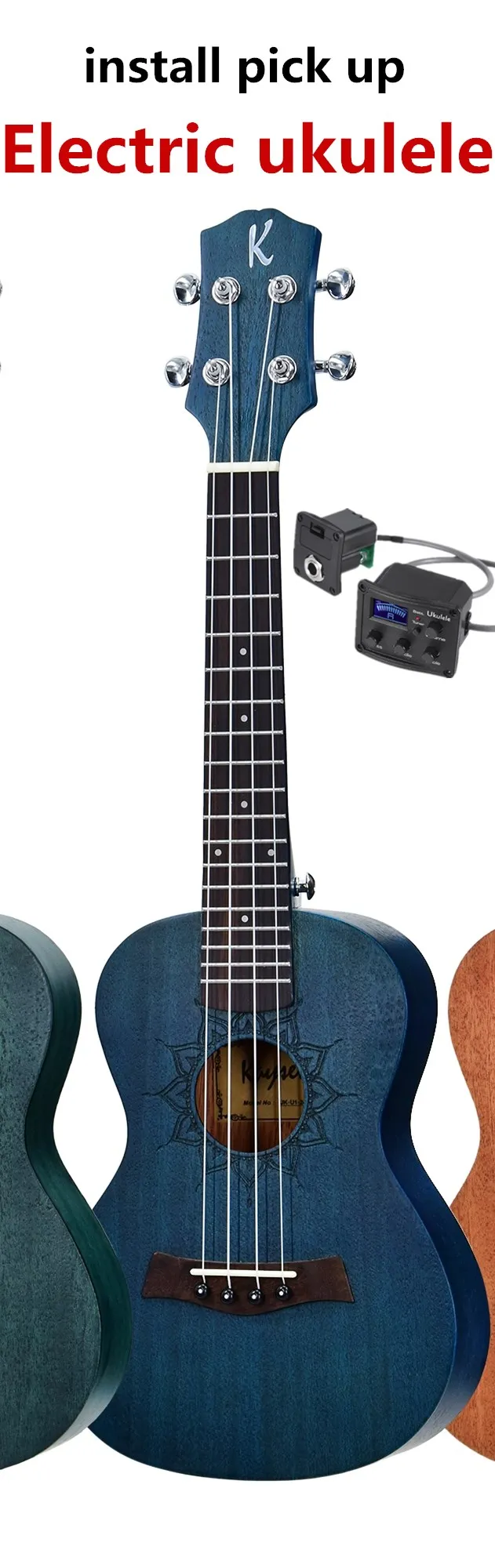 electric blue Гавайские гитары укулеле акустическая 21 23 26 дюймов Электрическая сопрано концертная тенор мини-гитара 4 струны Ukelele гитара RA из красного дерева укулеле pick Up - Цвет: electric blue