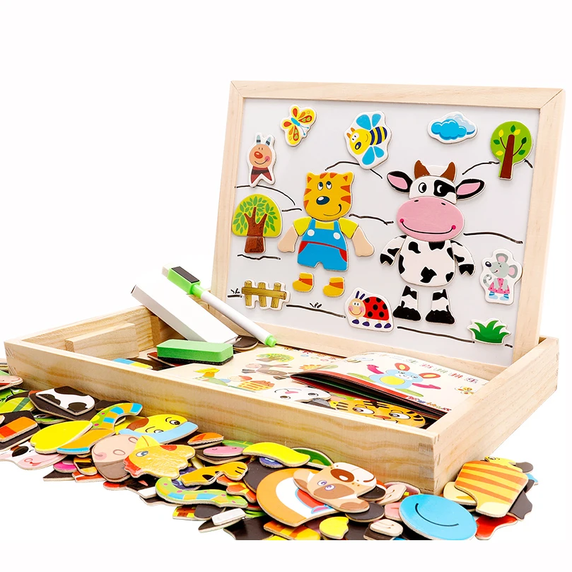16 стилей деревянная магнитная головоломка Двухсторонняя доска для рисования Ферма/Животные/транспортное средство/цирк головоломки игрушки для детей с подарочной коробкой