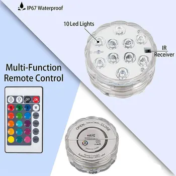 

10 Led Remote Controlled RGB Submersible Light IP68 Waterproof Battery Operated Underwater Night Lamp Party Christmas Decoration