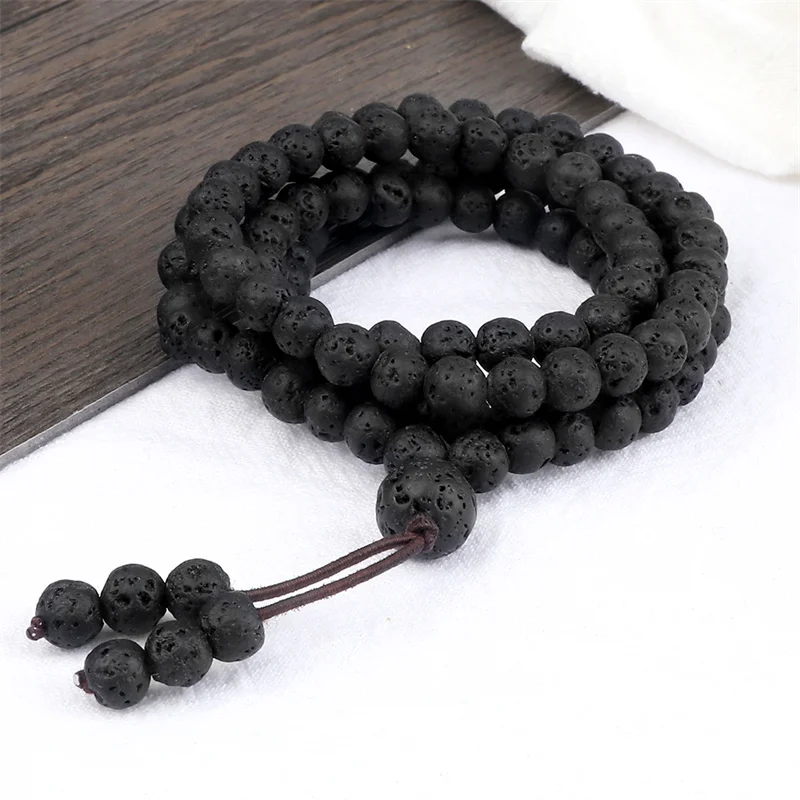 6mm Black Natural Lava Stone Bracelet Meditation Prayer Yoga 108 Mala Beads Necklace for Women Men Charm Bracelets Jewelry Gift