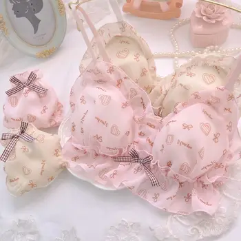 

Japanese Yellow Pink Wireless Kawaii Underwear Sets Comfortable Sleep Cute Bowknot Print Girls Student Kawaii Bra & Panties Set