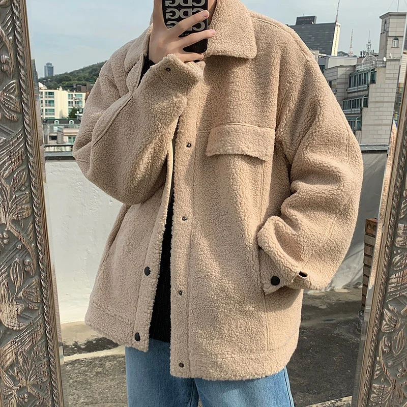 

2021 Winter Men's Fashion Wool Coats Thicken Lamb Cotton-padded Clothes Pocket In Warm Parkas Lapel Collar Snow Jackets M-2XL