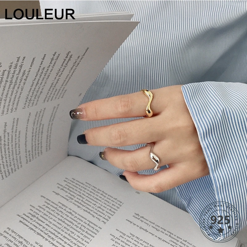 

LouLeur Real 925 Sterling Silver Curve Open Rings Minimalist Irregular Gold Silver Adjustable Rings For Women Fashion Jewelry