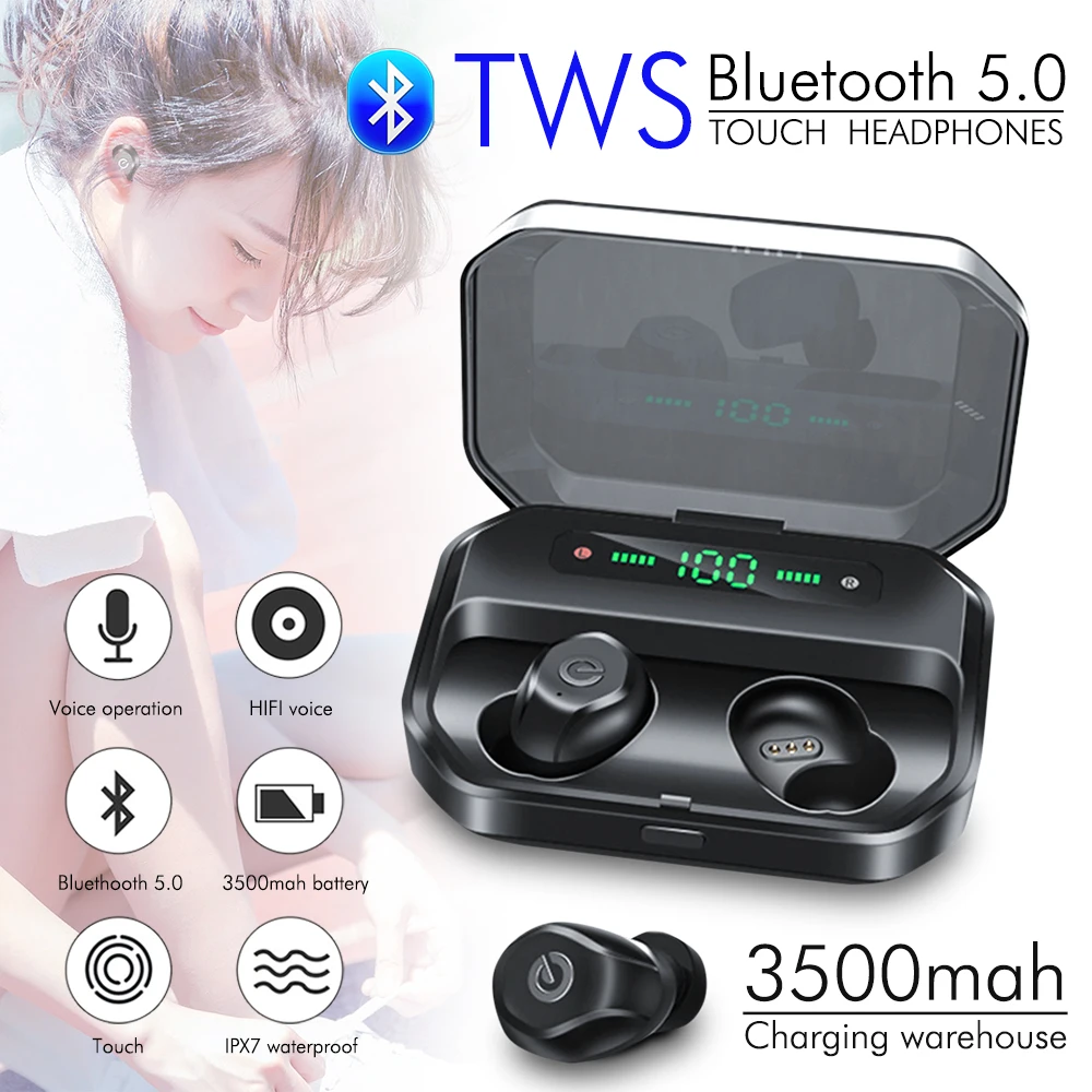 

3500mAh Bluetooth Earphones Fingerprint Touch HD Call TWS HIFI Mini In-ear Sports Running Headset Support iOS/Android Phones