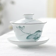 Ручная роспись кувшинка фарфоровая gaiwan 125 мл/165 мл/200 мл китайская супница чаша с блюдцем крышкой цветочный принт под глазурью