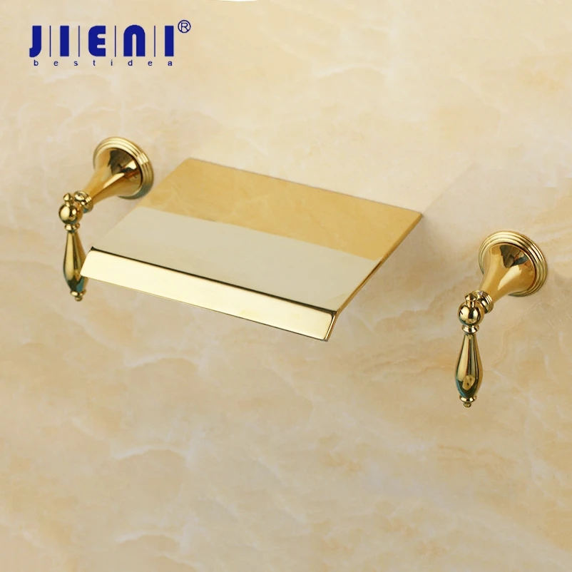 Jieni Vergoldeter Badewannen- Und Waschbecken-Wasserhahn, Polnisches Gold, 2 Griffe, 3 Stück, Badezimmer-Wandmontage, Wasserfall-Waschbecken Mit Mixer