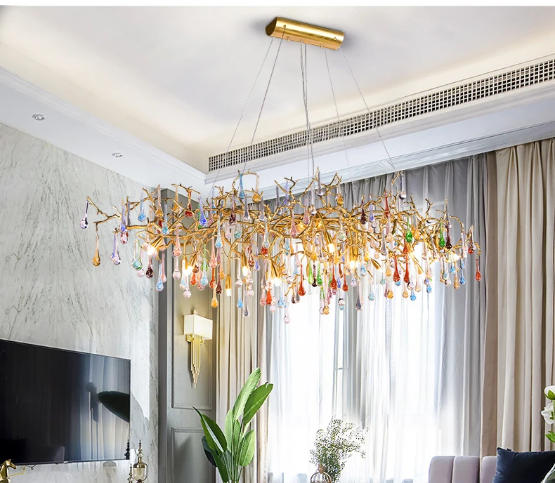 New light luxury French color water drop chandelier American villa creative post-modern all copper branch living room lamp