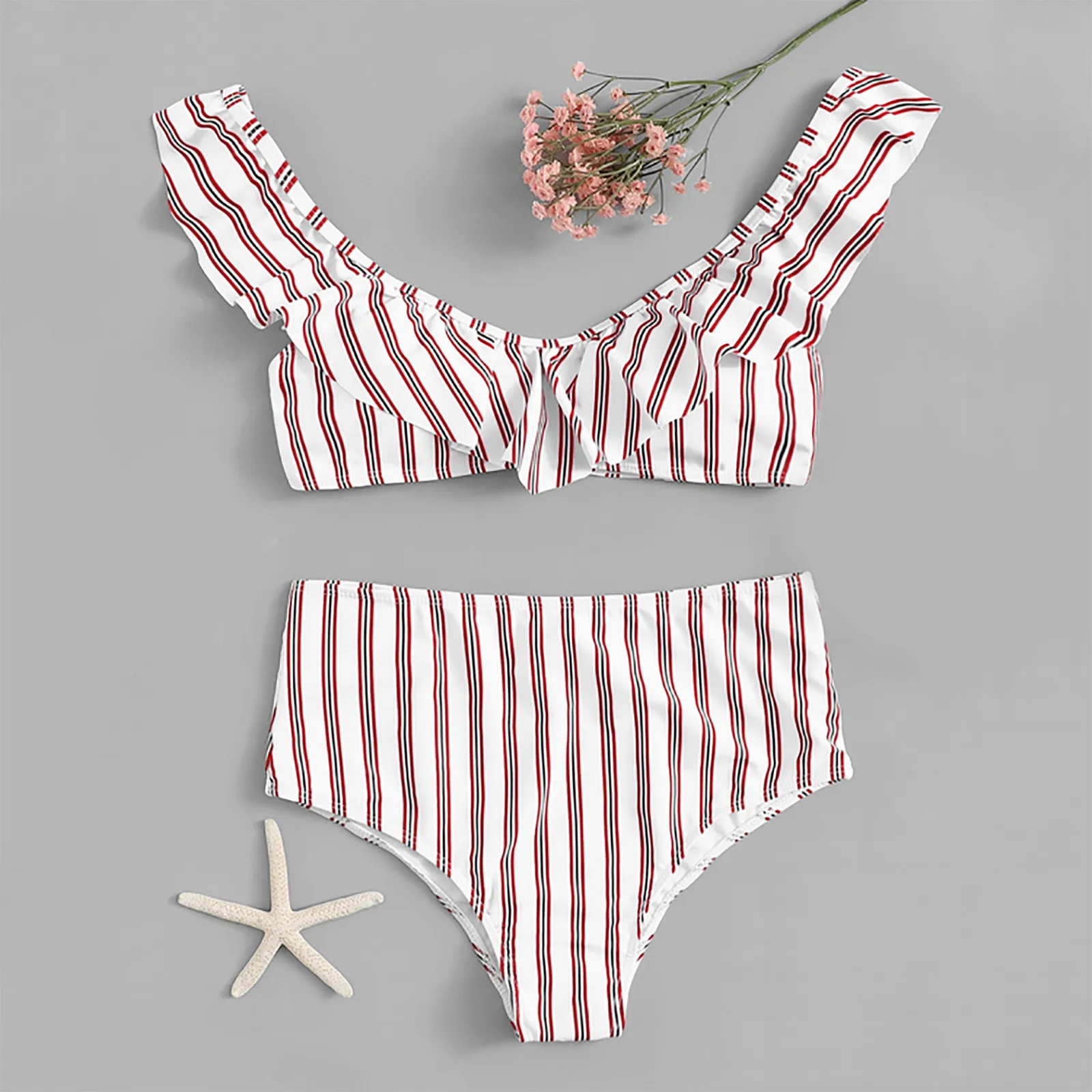 Сексуальный комплект бикини женский купальник в полоску с высокой талией и