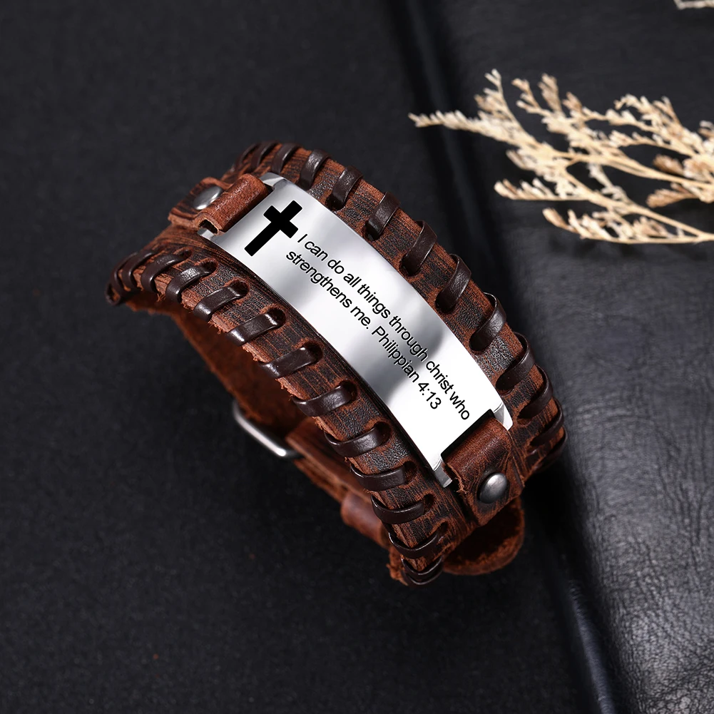 EUEAVAN 5pcs Proverb Positive Black/Brown Leather Bracelet Saying Charm Stainless Steel Jewelry For Men Gift Wholesale