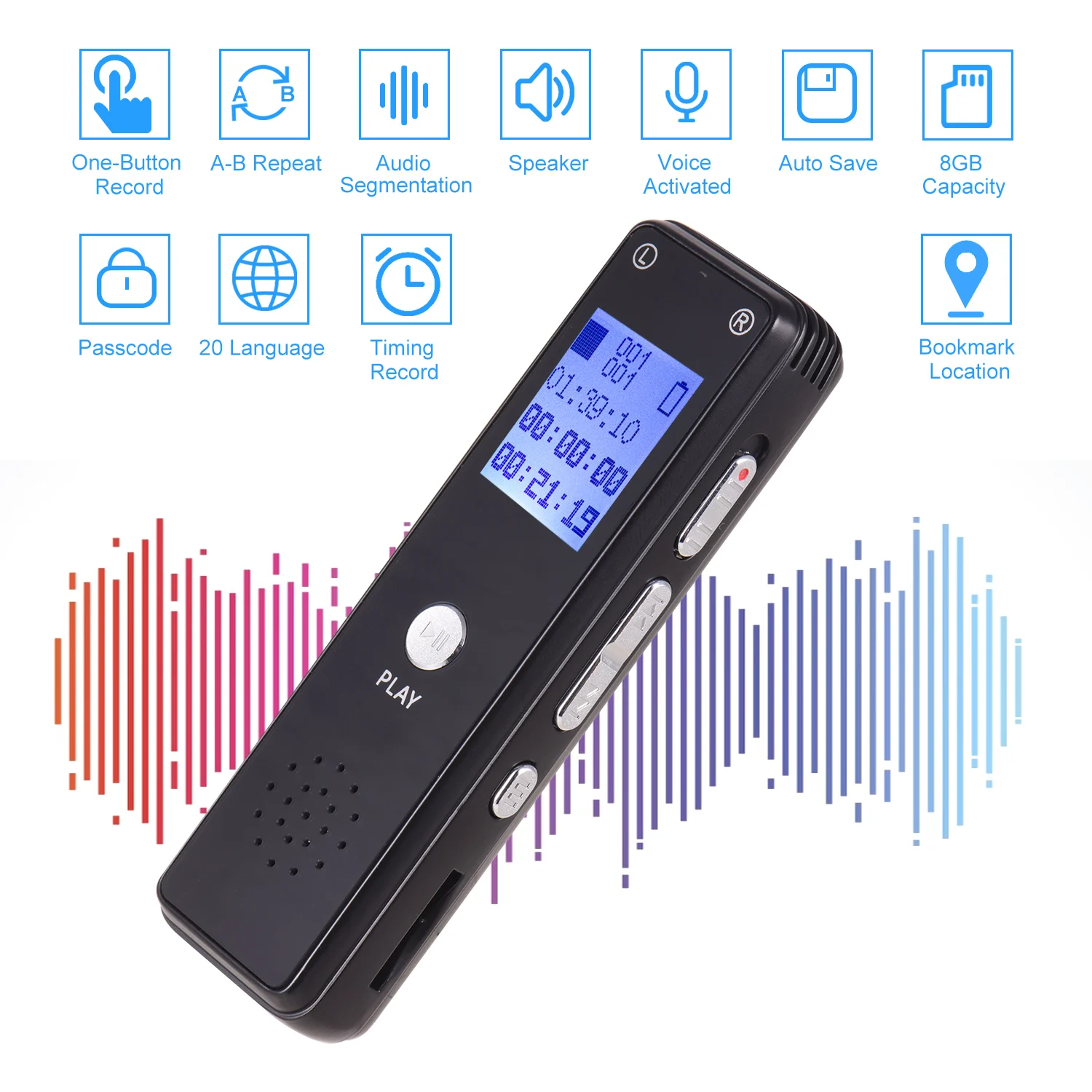 Цифровой диктофон MP3 музыкальный плеер голосовая поддержка запись монитор с громкоговорителем 20 языков