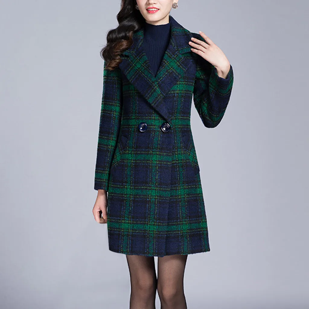 Женское шерстяное пальто размера плюс, зимнее приталенное клетчатое пальто с отворотом и длинным рукавом, Кашемировое шерстяное пальто, зимнее пальто Abrigos Mujer Invierno