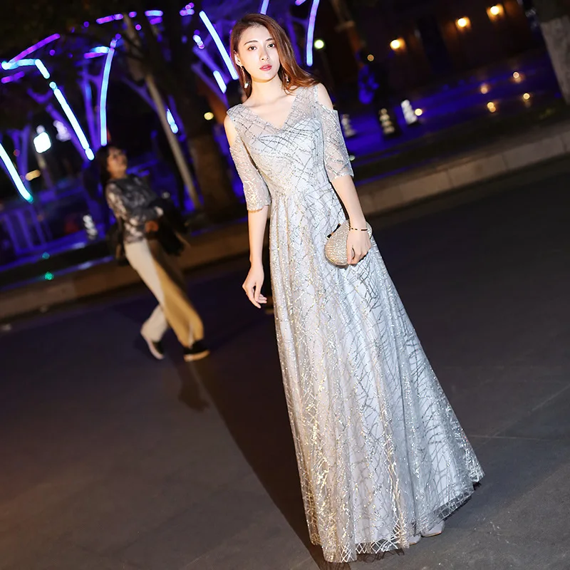 Современный хост Элегантные Длинные Cheongsam синие вечерние платья Qi Pao женское традиционное китайское платье Qipao Promoiton кружевное нарядное платье - Цвет: grey