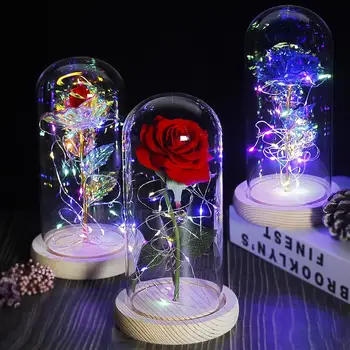 

LED Enchanted Galaxy Rose Eternal 24K Gold Foil Flower With Fairy String Lights In Dome For Christmas Valentine's Day Gift