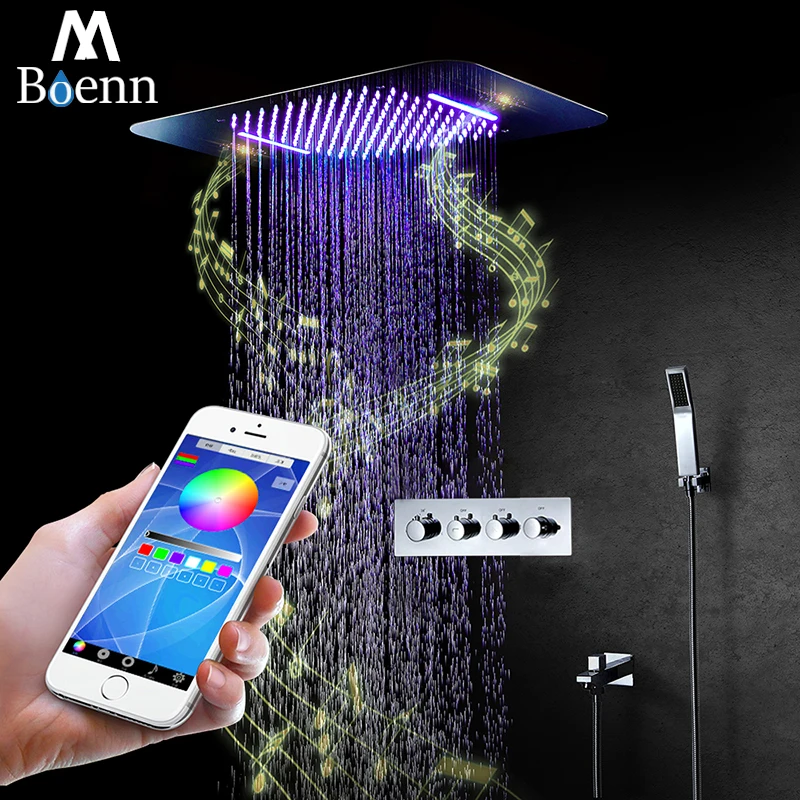 

M Boenn Bathroom Music Shower System with Embedded Ceiling Waterfall LED Showerhead Thermostatic Faucet valve Rain Shower Set