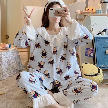 

Autumn New Women Pajamas Suit Long-sleeve Turndown Collar Ruffle Lace-up Pyjamas Casual Print Cardigan Home Nightwear 2pcs Sets