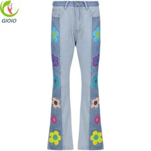 Flowers Embroidery Vintage Patchwork Jeans Women Autumn Fashion Casual High Waist Flared Pants Korean Denim Trousers Female