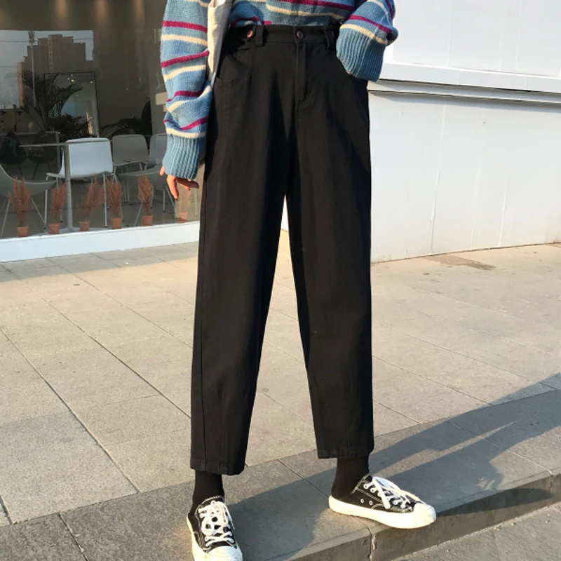 Женский корейский стиль Ulzzang Harajuku BF Свободные с высокой талией черные джинсы длиной до щиколотки женские студенческие повседневные шаровары