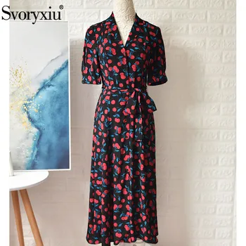 

SSvoryxiu Designer Fashion Summer Silk Cherry Print Dress Women's Short Sleeve V-Neck Sexy Party Plus Size Midi Dresses Female