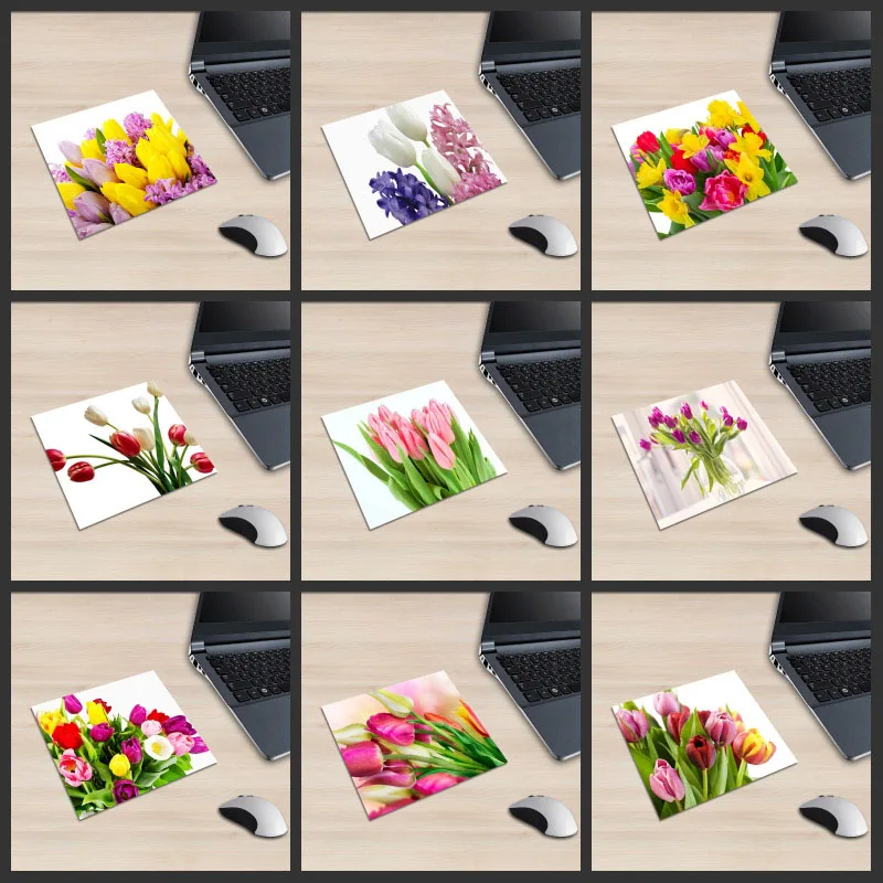 

XGZ Laptop Flowers Square Mouse Pad Tulip White Carnation Pattern PC Mat Love Pink Rose Decoration Rubber Non-slip Universal