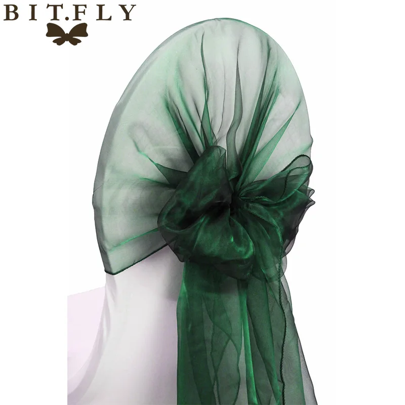 dark green BIT. FLY, 50 шт./лот, свадебные стулья с узлом, украшение из органзы, чехлы с бантом, 32 цвета, для свадебной вечеринки, банкета, 26x108 дюймов - Цвет: dark green