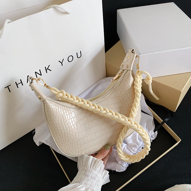 

Braided Rope Shoulder Belt Small Half Moon Bags for Women 2020 Solid Color Shoulder Handbags Female Stone Pattern Cross Body Bag