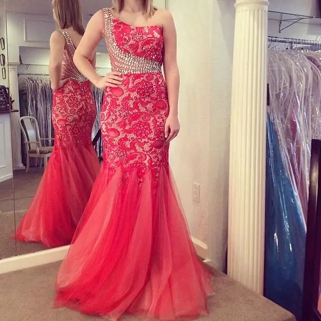 

2018 Evening gown One Shoulder Sleeveless Backless Sweep Train Crystal Mermaid Formal Party red lace mother of the bride dresses