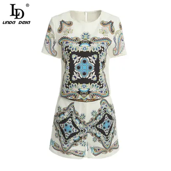 

LD LINDA DELLA Spring Summer Fashion Suit Women Short Sleeve Vintage Print Vacation Shirt And Shorts Ladies 2 Two Pieces Set