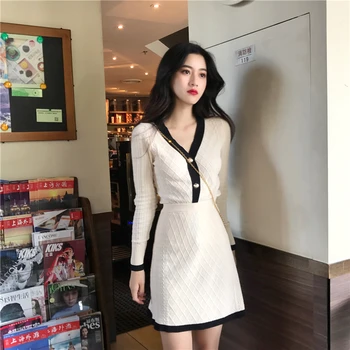

New 2019 Autumn Runway Knitted 2 Piece Set Women Elegant Single-Breasted V Neck Sweater Cardigan + High Waist A Line Skirt Suit