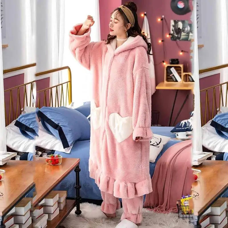 Fall Winter Women Pajamas Set Thick Flannel Warm Female Pajama Set Hooded Cartoon Animal Long Sleeve Full Trousers Sleepwear
