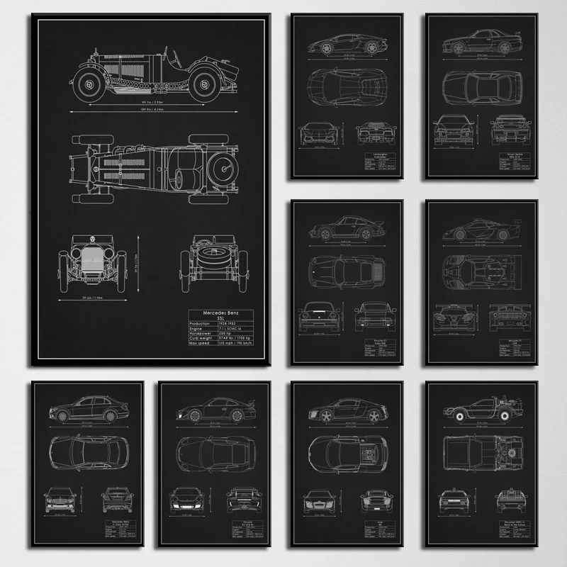 

Art Decor Super Power Car Patent Blueprint Mustang M3 GTR Wall Art Canvas Painting Silk Poster Home Decoration
