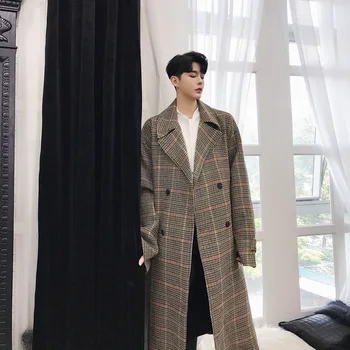 

EWQ / spring 2020 Long Sleeve Plaid Turn-down Collar Bandage Loose Coat Man's Vintage Style Temperament Jacket FS160