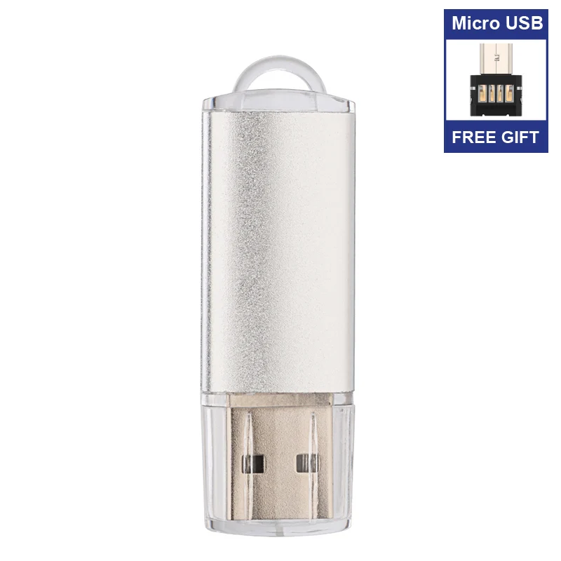 Бесплатный Micro USB адаптер металлический USB флэш-накопитель 32 Гб 16 Гб OTG Флешка 64 Гб 128 ГБ 256 ГБ 512 ГБ Флешка флеш-накопитель 8 Гб карта памяти - Цвет: Silver Micro USB