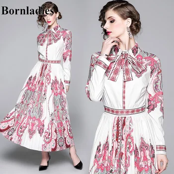 

Bornladies 2020 Autumn Fashion Designer Runway Dress Women's Long Sleeve Vintage Floral Print Pleated Long Maxi Dress