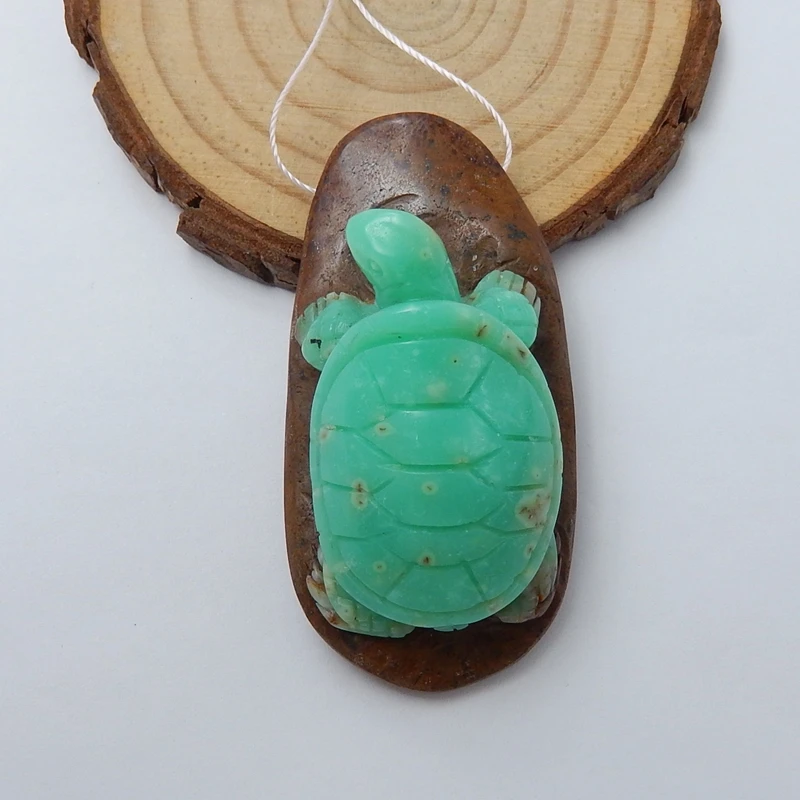

Wholesale 1Pcs Natural Stone Chrysoprase Carved Tortoise Necklace Pendant 54x27x20mm 29.6g Green And Brown Color Jewelry Pendant
