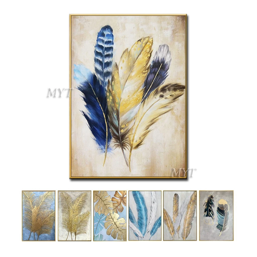 Billige Handgemachte Kunstwerk Bild Leinwand Wand Kunst Gold Federn Ölgemälde Moderne Wohnzimmer Dekoration Gemälde Kunst Wand Für Hause