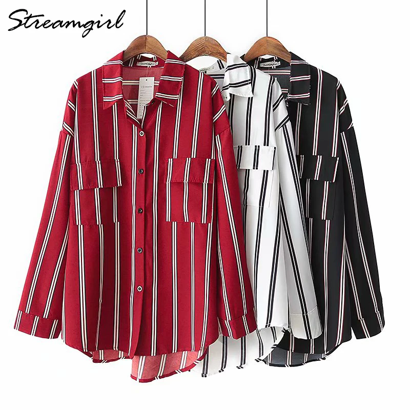  Striped Shirt Blouse Women Loose Double Pocket Shirts For Women Ladies Plus Size Tops Red Striped B