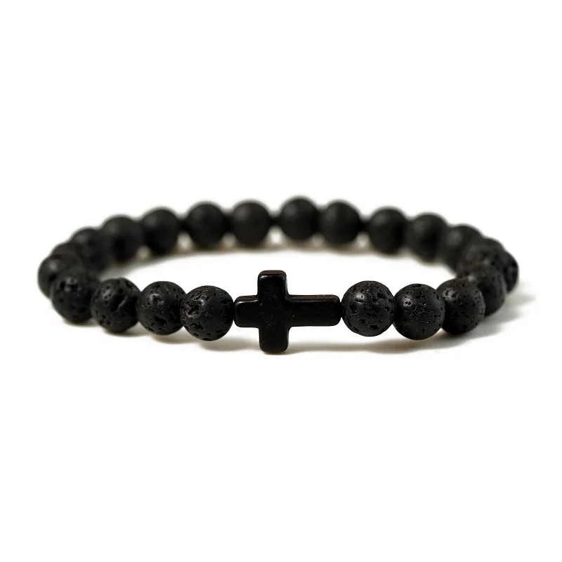 Bracelet Cross Charm Couple Jewelry Fitness-Chain Lava Gift Natural-Stone Handmade Black