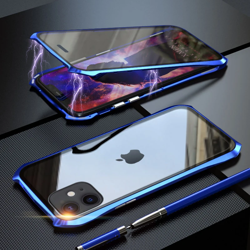 Blue Магнитный адсорбционный Роскошный металлический чехол Бэтмена для iPhone 11/11PRO/11PRO Max двухсторонний металлический магнитный чехол для телефона из закаленного стекла - Цвет: Blue
