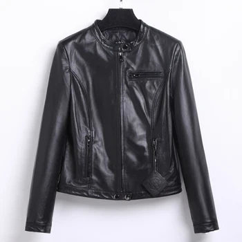 

Cuero Genuino Jacket Women Sheepskin Leather Jackets Spring Autumn Black Short Slim Motocycle Streetwear 5518 MF166