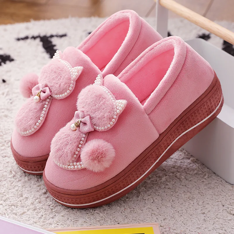 Pearl Winter Felt Slippers Women Indoor Home Shoes Warm Soft Platform Shoes Furry Slides Cotton Home Shoes Floor Slipper Snow