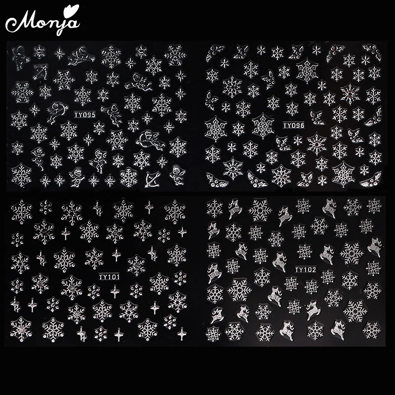 Monja 12 стилей/лист серебро снежинка для ногтей стикер Рождество Зима Рождество шаблон самоклеющиеся Наклейки Маникюр наклейки декор